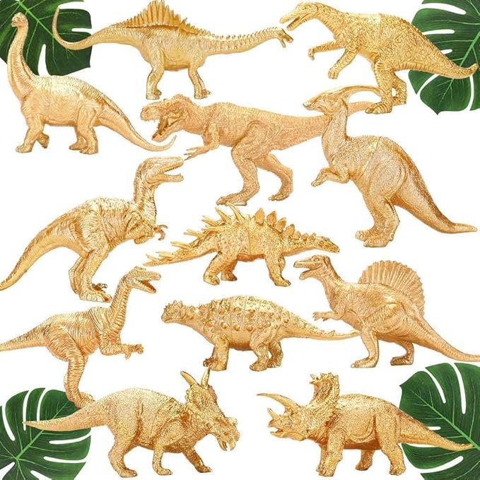 BOLZRA Metallic Gold Plastic Dinosaurs Figurine Toys, 12PCS Golden Dinosaur Figures for Boys Girls, Baby Shower, Bridal Shower Decorations, Kids Dino Themed Birthday Party Supplies Cake Topper