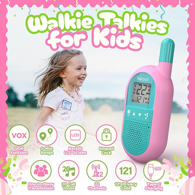 Talkpod Family Walkie Talkies for Kids 2Pack, Christmas Birthday Gifts for 3-12 Year Old Boy Girl Camping Hiking Toy with VOX LCD Backlight Screen 22CH FRS Two Way Radio(Pink+Green)