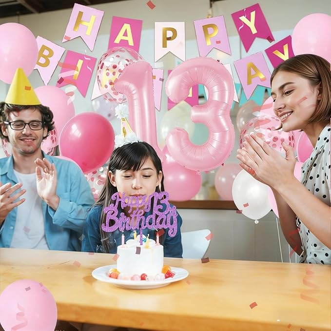 13th Birthday Decorations For Girls, Pink Happy Birthday Decorations With Number 13 Balloons Confetti Hot Pink Pearl White Balloons Fringe Curtain Banner Cake Topper For 13th Party Supplies