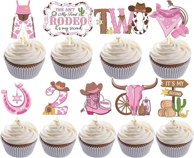 This Ain't My First Rodeo It's My Second Cupcake Toppers, Cowgirl 2nd Birthday Party Cake Decorations, Western Rodeo Theme 2 Years Old Birthday Cupcake Picks Decor for Girls