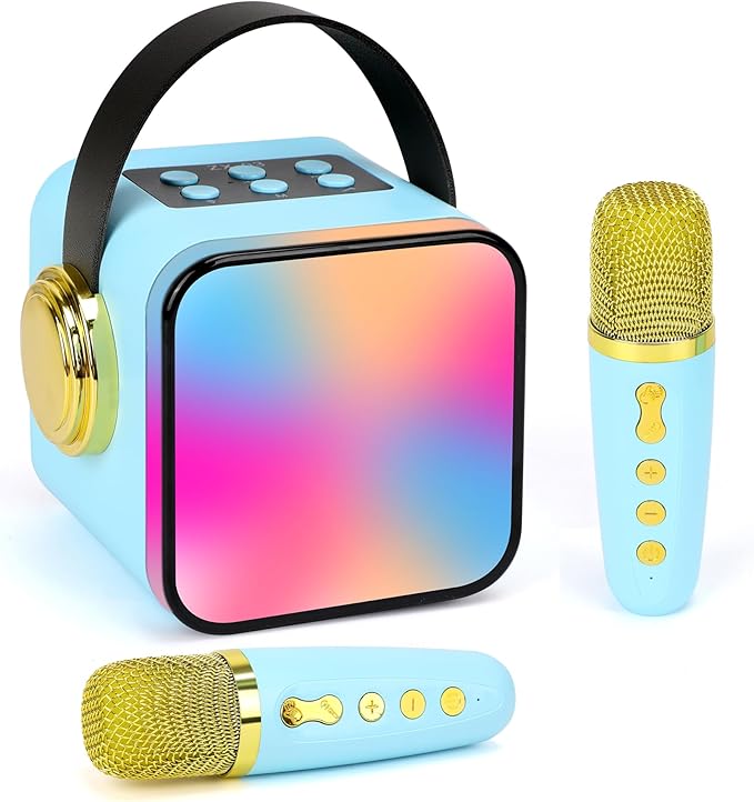 Mini Karaoke Machine for Kids, Portable Bluetooth & Auxiliary Karaoke Speaker with 2 Wireless Microphones, Modern Minimalist Design, Light Show, Blue
