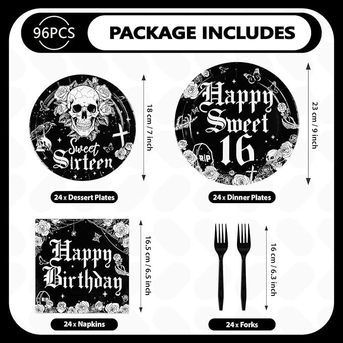 96Pcs Gothic Birthday 16th Party Decorations Goth Skeleton Plates and Napkins Tableware Sets Gothic Black White Skull Sweet Sixteen Decorations for 16 Years Old Birthday Party Supplies Serve 24