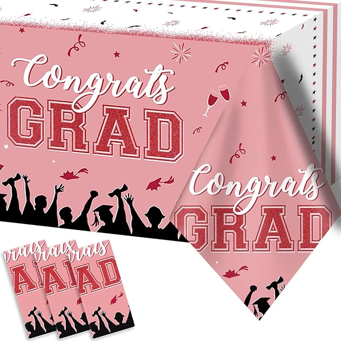chiazllta Set of 3 Graduation Tablecloths Class of 2025 Congrats Grad Pink Graduation Party Tablecover Decorations Party Supplies Large Size Plastic 54"x108"(Pink & Gold)