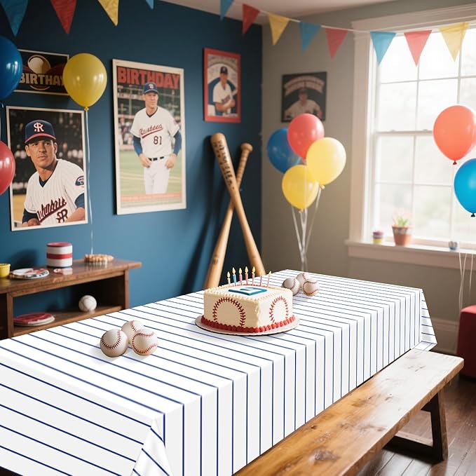 Baseball Tablecloths, 4 Pcs Blue and White Stripe Plastic Table Covers for Baseball Birthday Decorations Sports Theme Party Supplies
