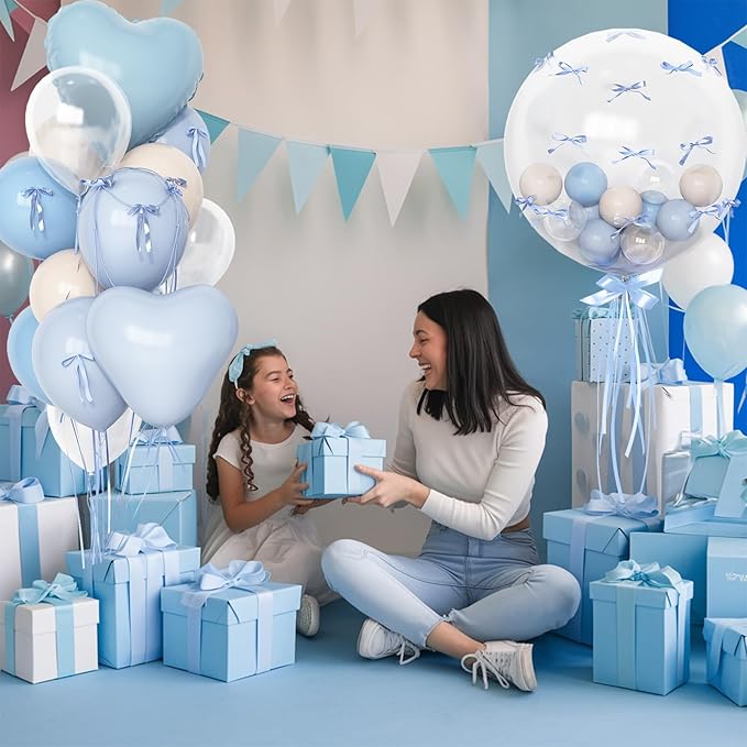 Baby Light Blue Cream Balloons Party Decorations, 20 Inch Bobo Pale Pastel Blue and White Sand Balloons Heart Mylar Shape Balloon, OH Baby Shower Foil Balloon as Boys Girls Birthday Decor