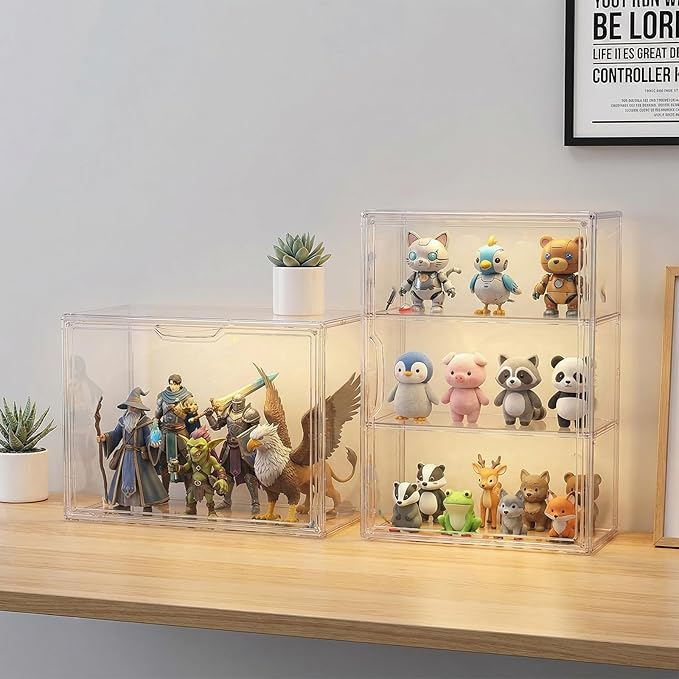 4 Pcs Clear Acrylic Display Case Plastic Stackable Storage Bins 3 Tier Display Shelf Storage Boxes Cabinet Organizer with Magnetic Door for Action Figures,Collectibles(Small)