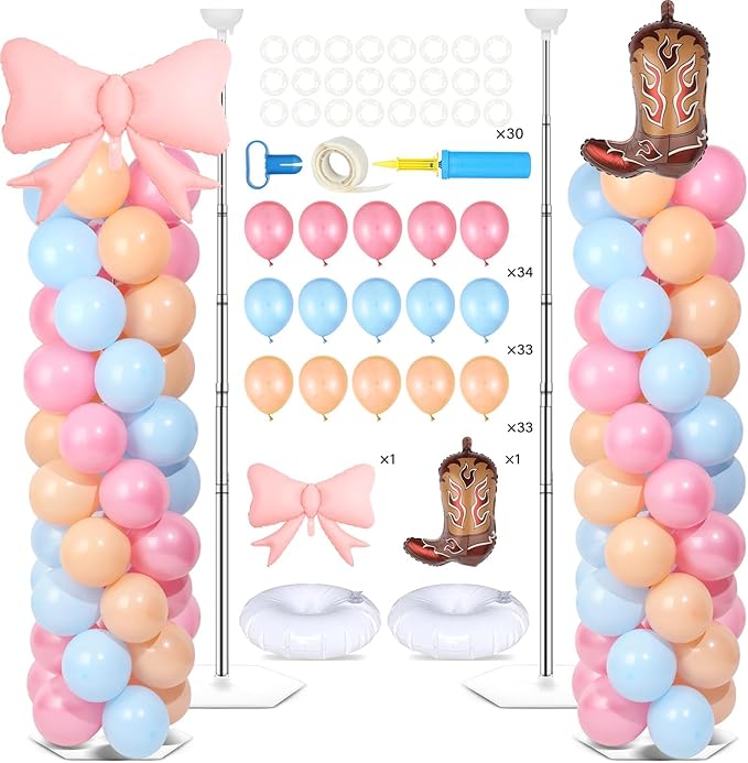 2 Sets Boots or Bows Gender Reveal Decoration Balloon Column Stand Kit with 102 Blue Pink Balloons 5.57ft Balloon Tower Stand with Base Arch for Western Cowgirl Cowboy Baby Shower Party Decor Supplies