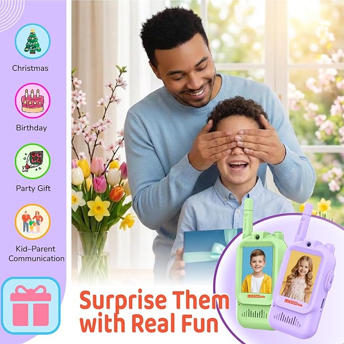 LEENK Video Walkie Talkies for Kids 2 Pack – Rechargeable Video Intercom Handheld, Indoor & Outdoor Range, Easy Use for Ages 3-12, Eco ABS, Clear Voice & Long Distance Communication (Green & Purple)