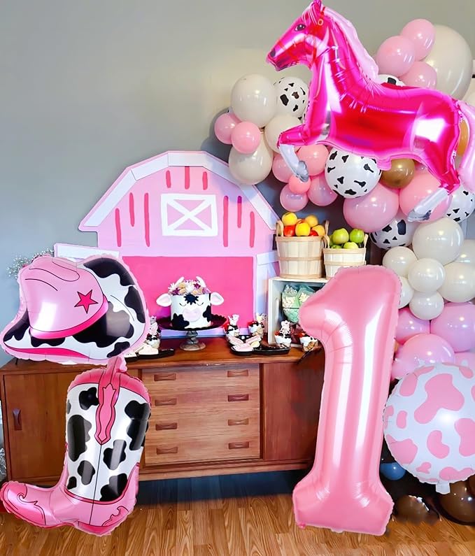 Cowgirl Balloons First Rodeo Birthday Party Decorations for Girls, Pink Horse Hat Boot Cow Balloons Disco Girl 1st Rodeo Birthday Party Decor Supplies Favors (32 Inch Pink 1)