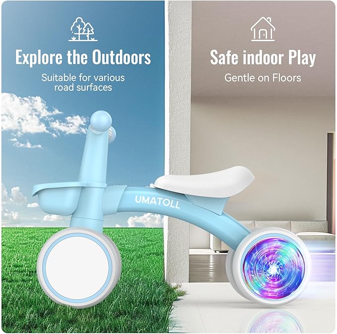 Umatoll Colorful Lighting Baby Balance Bike Toys for 1 Year Old Boys Gifts, Adjustable Seat Baby Walker, One Year Old Boy Birthday Gifts, 12-24 Months Toddler First Ride on Toys
