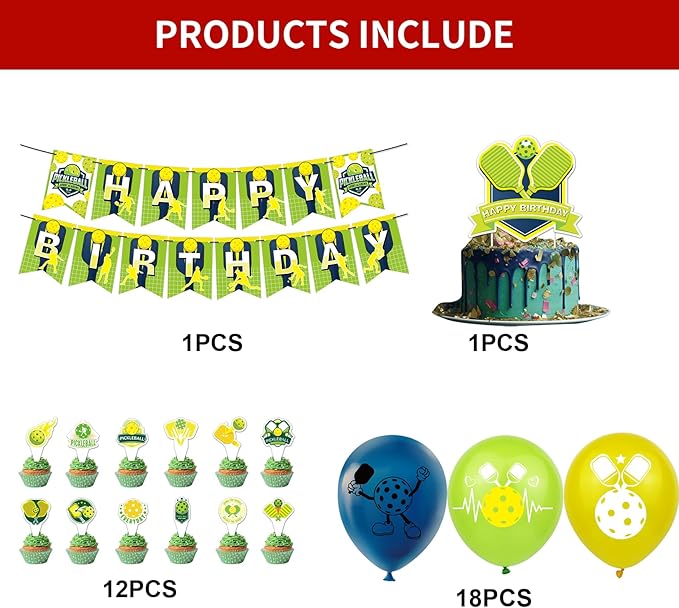 Pickleball Party Decorations Pickleball Birthday Party Supplies Includes Pickleball Birthday Banner Cake Topper Cupcake Toppers Balloons for Pickleball Birthday Decorations Party Favors