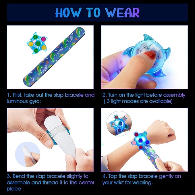 SEKEAHU 25 PCS Light Up Fidget Rotating Toy + 25PCS Slap Bracelets, Dinosaur Halloween Party Favors Christmas Stocking Stuffers for Kids 4-8-12 Goodie Bag Stuffers Glow in The Dark Supplies Gifts