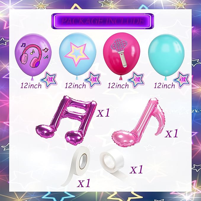 Purple Blue Pink Balloon 52pcs 12 Inch, Cute Musical Symbols Print Balloons For Cartoon Magical Music Themed Birthday Party Decorations Boys Girls Gatherings Party Supplies