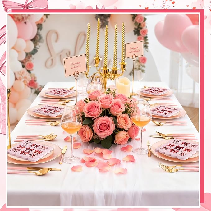 100 Pcs Bow Napkins, Scalloped Pink Bow Birthday Decrations Bachelorette Dessert Beverage Party Napkin for Bridal Baby Shower, Engagement, Wedding