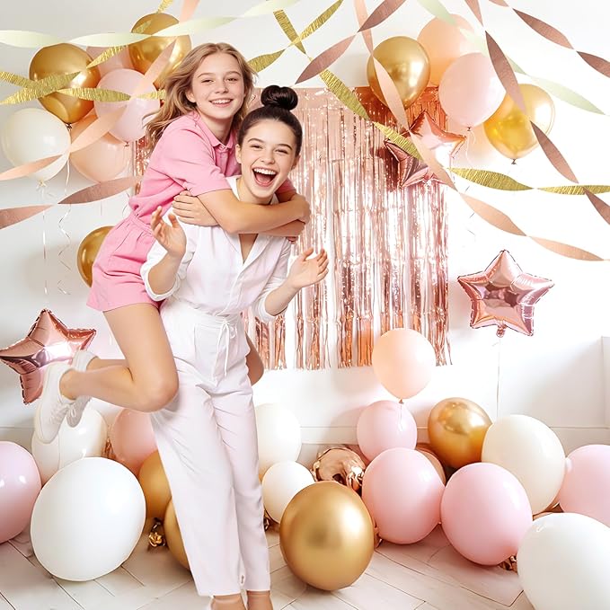 AOYOO Rose Gold Pink Streamers - 6 Rolls Metallic Gold & Blush Crepe Paper Streamer Decorations for Birthday, Wedding, Bridal Shower, Baby Shower, Bachelorette - Elegant Boho Hanging Backdrop Decor