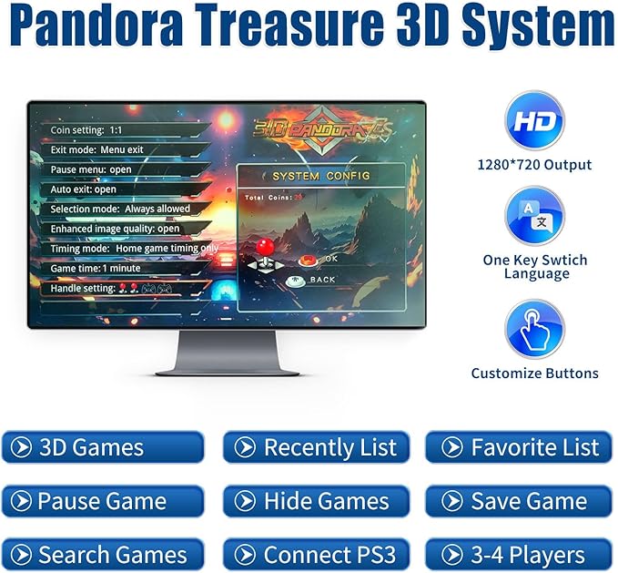 32000 Games Wireless Bluetooth Pandora Box Arcade Game Console,3D Video Game Machine for Home,1280x720 Full HD Output,Search/Save/Hide/Pause Games,Support 1-4 Players