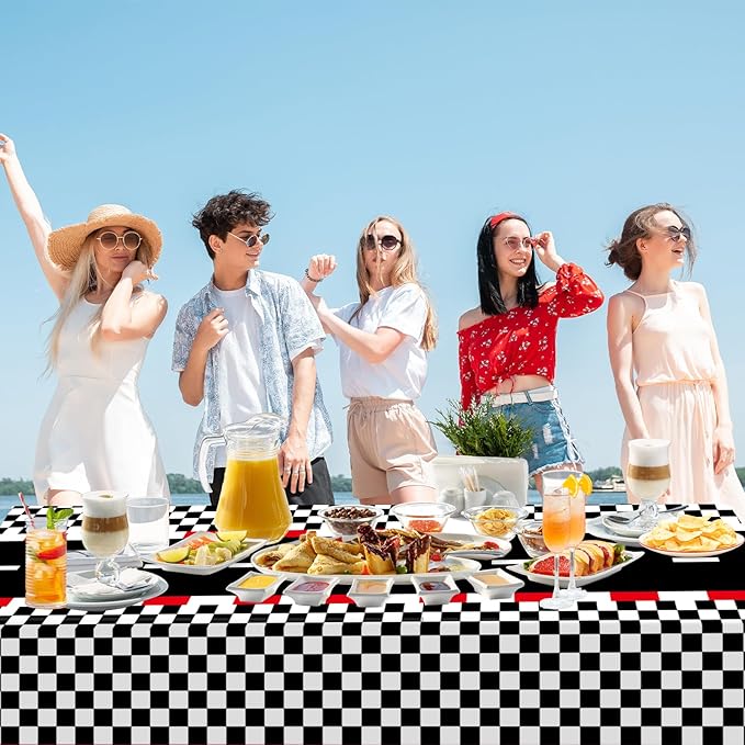 WNINK 4 Pack Racing Car Theme Rectangular Plastic Tablecloths, Car Disposable Table Covers 54" x 108" Black Checkered Flag Table Cloths for Race Car Birthday, Outdoor Picnic Parties Decorations
