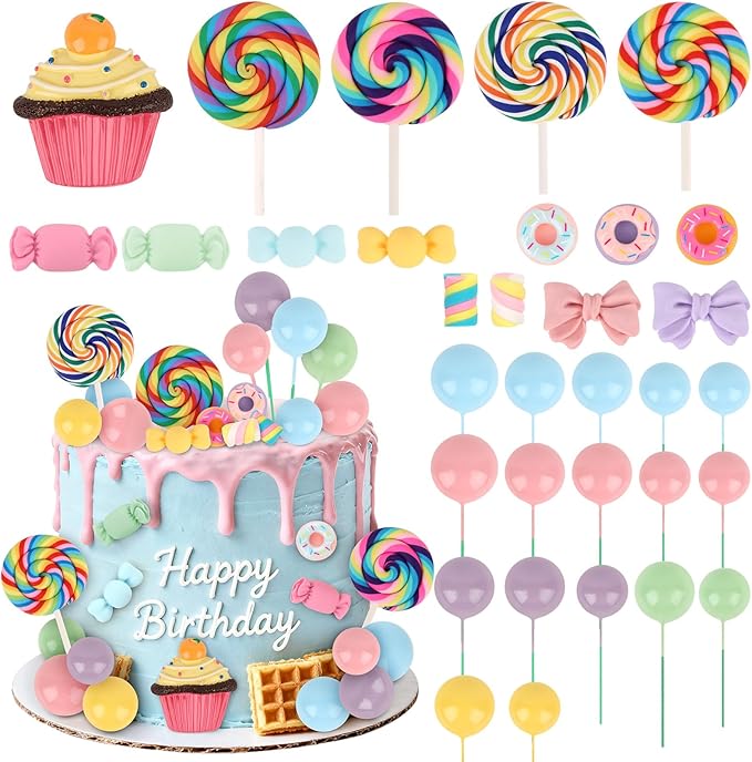 Hooqict 33Pcs Candy Cake Decorations with Lollipop Cupcake Donut Candy Cake Topper for Kids Girls Candyland Christmas Party Decorations Colorful Sweet Birthday Party Supplies