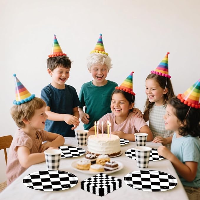 72Pcs Race Car Plates and Napkins, Black And White Checkered Flag Paper Plates and Napkins with Forks Disposable Tableware Set for Race Car Birthday Party Decorations