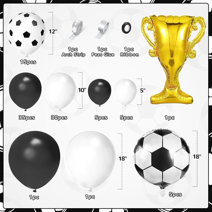 Soccer Balloon Garland Arch Kit, 98Pcs 18 12 10 5 inch Black White Soccer Balloons with 18inch Football Foil Balloons for Sports Theme Soccer Party Decorations