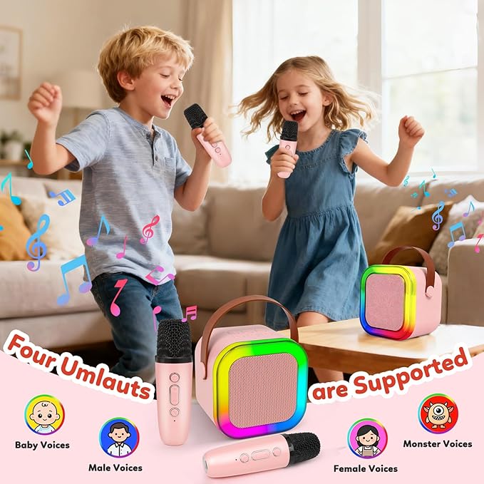 Karaoke Machine for Kids, Mini Karaoke Machine with 2 Wireless Microphones, 3, 4, 5, 6, 7, 8, 9,10,11,12 +Years Old Girl Boy Easter Christmas Birthday Gift Tiger Speaker Party Toys