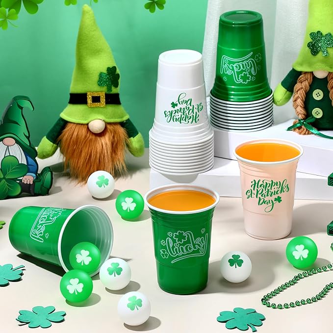 Pickmesh 30 Pack St. Patrick's Day Party Game Set, 22 Pack 16 oz St Patricks Day Plastic Beer Cups and 8 Pack 1.5in Green Shamrocks Balls Beer Game Set for Irish Festival Party Games Favors