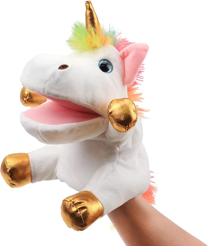 Hopearl Plush Unicorn Hand Puppet with Open Movable Mouth for Imaginative Play, Role Play, Interactive Toy for Storytelling Teaching Puppet Theater, Birthday Gifts for Kids Girls, White, 12''