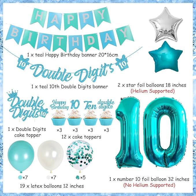 10th Birthday Decorations for Girls Teal, Double Digits Party Supplies Turquoise Banner Cake & Cupcake Toppers Number 10 Helium Balloon Star Foil Balloon for 10 Year Old Girl Party Decorations