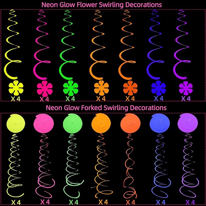 56 Pcs Windmill Flower Ceiling Swirl Decorations Glow in The Dark Party Supplies Flower Neon Hanging Streamers Neon Garlands UV Black Light Neon Party Decorations for Dark Birthday Neon Party Favors