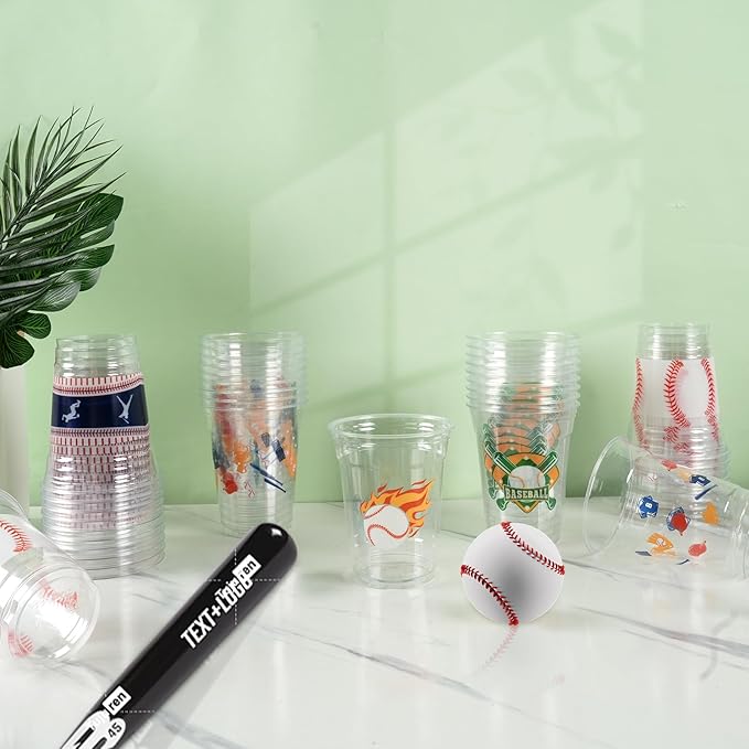 100Pcs Baseball Party Decorations Cups,12OZ Clear Disposable Plastic Drinking Cups For Baseball Theme Birthday Party Decor Supplies