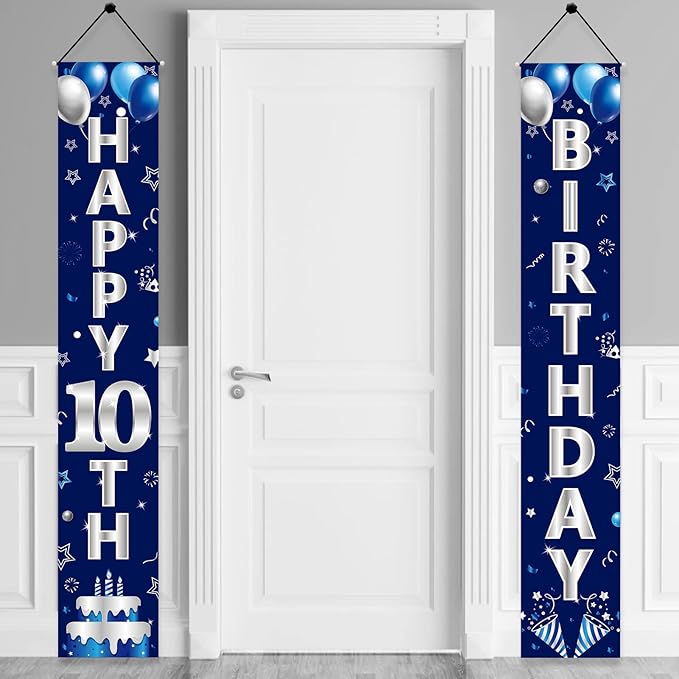 Blue Silver 10th Birthday Door Banner Decorations, Happy 10 Birthday Party Porch Banner Supplies for Boys, Sweet 10 Year Old Birthday Party Supplies