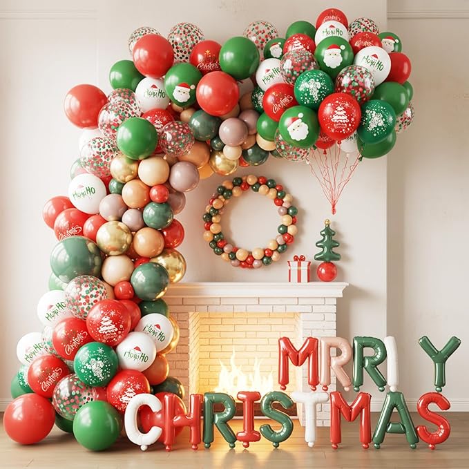 Merry Christmas Printed balloons, Red Green Confetti Balloon Set, 12 Inch Red Green White Latex Balloons Santa Claus Christmas Tree Printed Balloon Helium for Xmas Birthday New Year's Party Decoration
