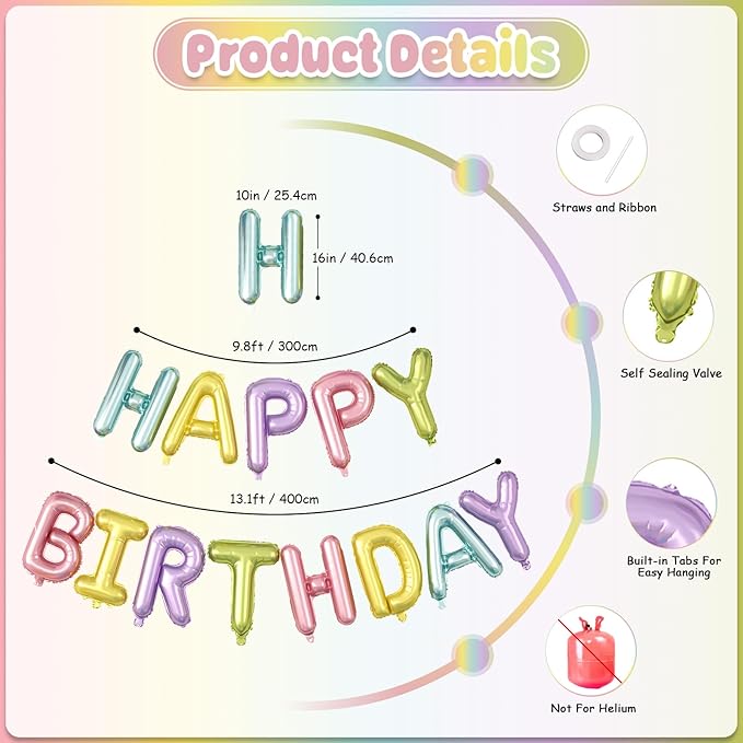 29PC Pastel Happy Birthday Balloon Banner, 16Inch 3D Aluminum Letter Banner Sign, Multicolor Pastel Balloons 18 Inch Star Heart Star Foil Balloon for Women, Men Party Supply