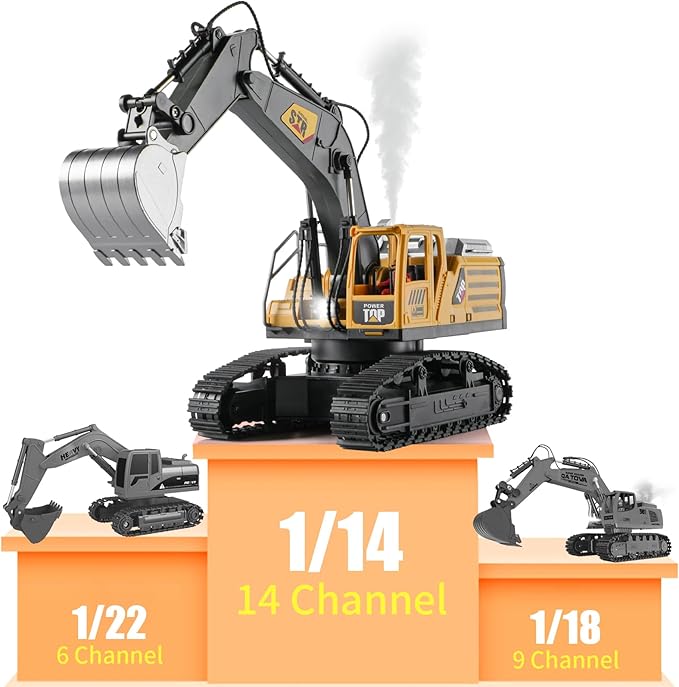 1:14 Remote Control Excavator Toys for Boys,14 Channel RC Digger Construction Toys Tractor,Simulated Smoke, Sound, Lighting, Metal Digging Head, for Boys 6 7 8 9 10 11 12