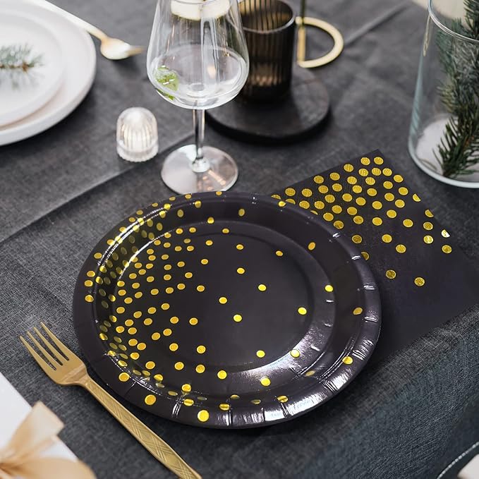 Black and Gold Party Supplies,Black Paper Dessert Plates,100 Pack - 50 x 9 and 50 x 7 Dinner Plates,Disposable Dinnerware Gold Dot Paper Plate for Birthday Retirement Anniversary Party