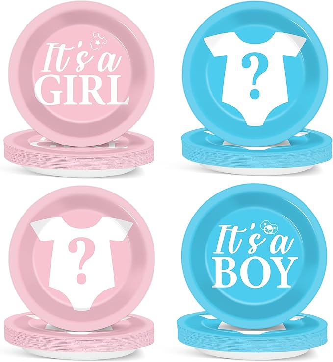 CHUNNIN 48Pcs Gender Reveal Party Paper Plates for Gender Reveal Party Supplies 7" Boy or Girl Pink and Blue Disposable Plates for Baby Shower Newborn Favors Decorations