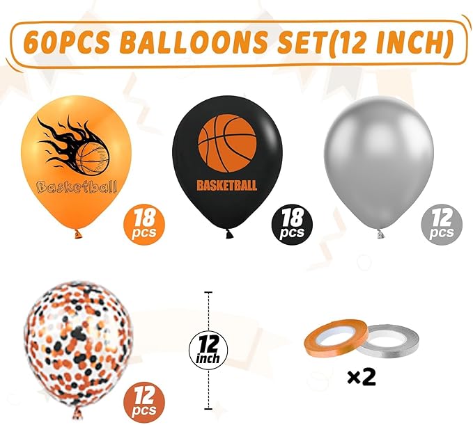 Basketball Balloons, 60Pcs 12 Inch Black Orange Metallic Silver Confetti Basketball Party Balloons for Kids Boy Sport Birthday Party Sports Baby Shower Graduation Party Decorations