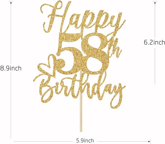 Happy 58th Birthday Cake Topper, 58 Birthday Decorations for Women/Men, Cheers to 58 Years, Hello 58, 58th Happy Birthday Party Decorations Gold Glitter