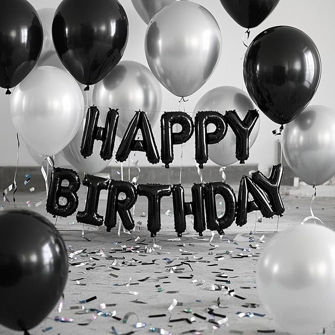 27 Pcs Black Silver Birthday Decorations, 3D Letters Black Happy Birthday Balloon Banner, Pentagram Heart Foil Balloons Confetti Balloons Kit For Boys Girls Party Supplies
