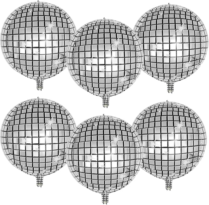 FBQ 22 inch Disco Ball Balloons 6 Pcs Silver Large Disco 4D Round Balloon 70s 80s 90s Theme Dance Party Bachelorette Party Birthday Party Graduation Decorations Supplies