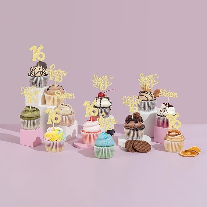 30pcs 16th Birthday Cupcake Toppers - Sixteen Happy 16th Cupcake Picks - Cheers to Sweet 16 Cake Decorations - Gold Glitter