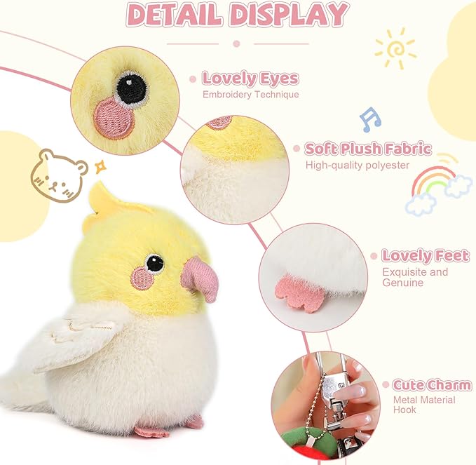 4.7 inches Cockatiel Plush Realistic Yellow Bird Stuffed Animal Cute Plush Toy Bird Bag Pendant Christmas Birthday Valentine's Day Gift for Friends Kids