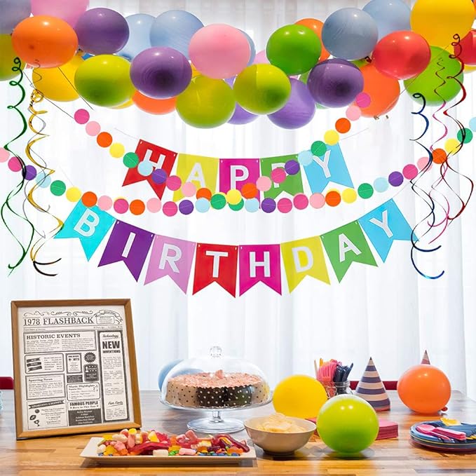 Rainbow Colorful Birthday Decorations, Happy Birthday Banner with Pom Poms Paper Circle Garland Swirl Streamers for Girls Women Party Supplies