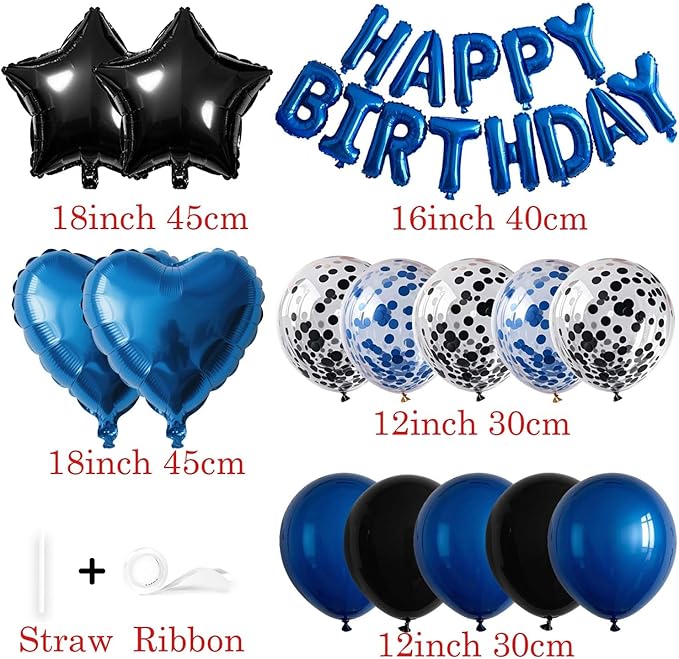 27 Pcs Blue Black Birthday Decorations, 3D Letters Blue Happy Birthday Balloon Banner, Pentagram Heart Foil Balloons Confetti Balloons Kit For Boys Girls Party Supplies