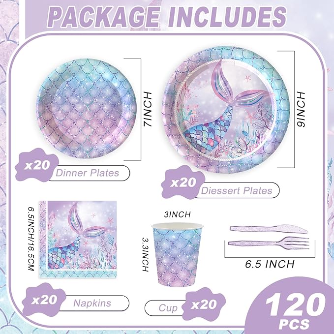 120PCS Mermaid Themed Party Supplies for Girls Baby Shower Under the Sea Mermaid Birthday Party Decorations Ocean Party Tableware Plates Cups Napkins Knives Forks for 20 Guests