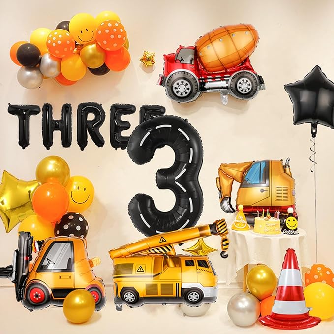 15pcs Construction Theme Birthday Party Decorations, Number 3 Large Construction Truck Traffic Cones Foil Balloon, 3rd Boy Birthday Party Decoration Supplies (3rd)