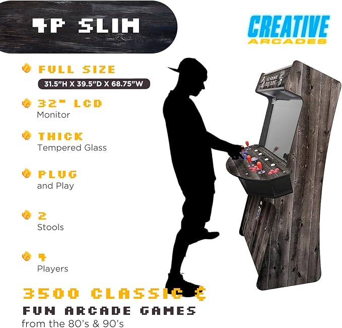 Creative Arcades Full Size Stand-Up Commercial Grade Arcade Machines | 4 Player | 3500 Games | 32" LCD Screen | 4 Sanwa Joysticks | Trackball | Woodgrain | 2 Stools Included | 3 Year Warranty