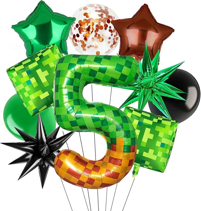 Green Pixel Miner Number 5 Foil Balloon Set 40 Inch Large Mylar Mining Theme Brown 5th Number Balloons Pixel Cubes Boxes Video Game Birthday Party Decorations 10Pcs