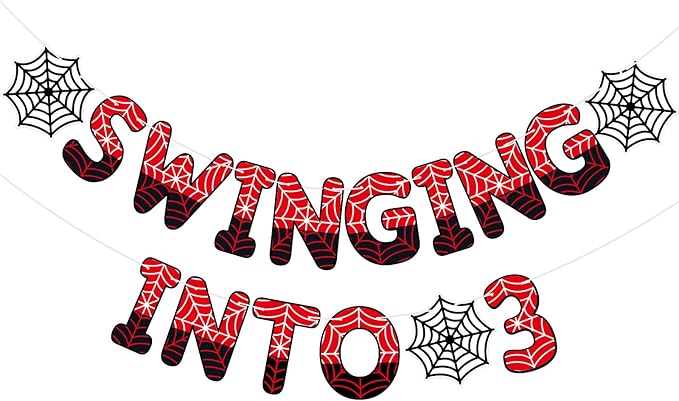 TaoBary Spider Theme 3rd Birthday Banner, Pre-strung Swinging into 3 Banner, Spider 3rd Birthday Decorations Party Supplies for Kids, Third Decor for 3 Year Old Boys Girls(Black and Red)