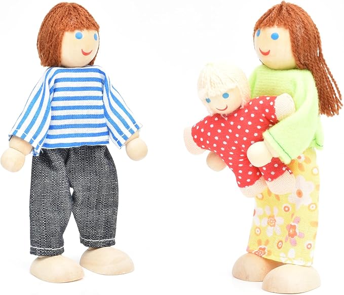 Wooden Doll House People of 7 Miniature Figures and 2 Pets, Dollhouse Dolls Family Set Accessories for Girls Toddler Kids Pretend Play and Imaginative Fun